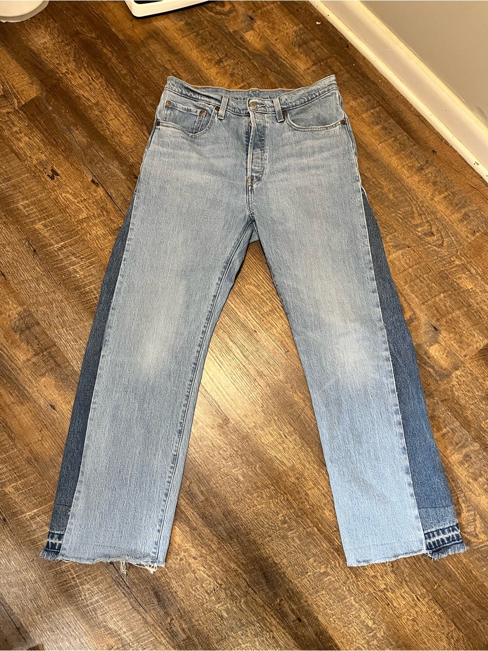 Vintage Levi's Two-Tone reworked jeans added side panels for barrel effect flare
